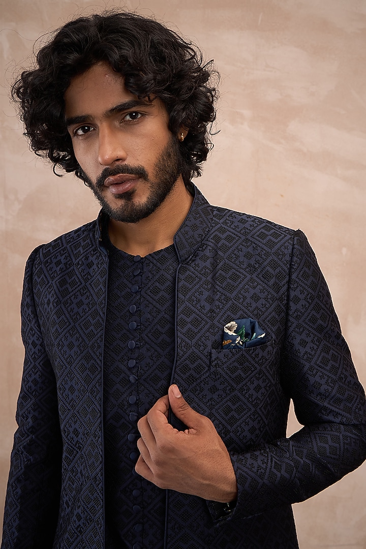 Navy & Black Chanderi Silk Embroidered Groom Indowestern Set by ARJAN DUGAL at Pernia's Pop Up Shop