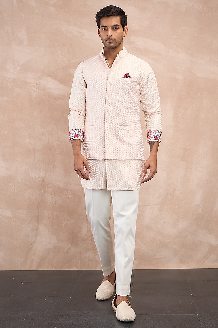 Powder Pink Chanderi Silk Printed & Embroidered Nehru Jacket by ARJAN DUGAL at Pernia's Pop Up Shop