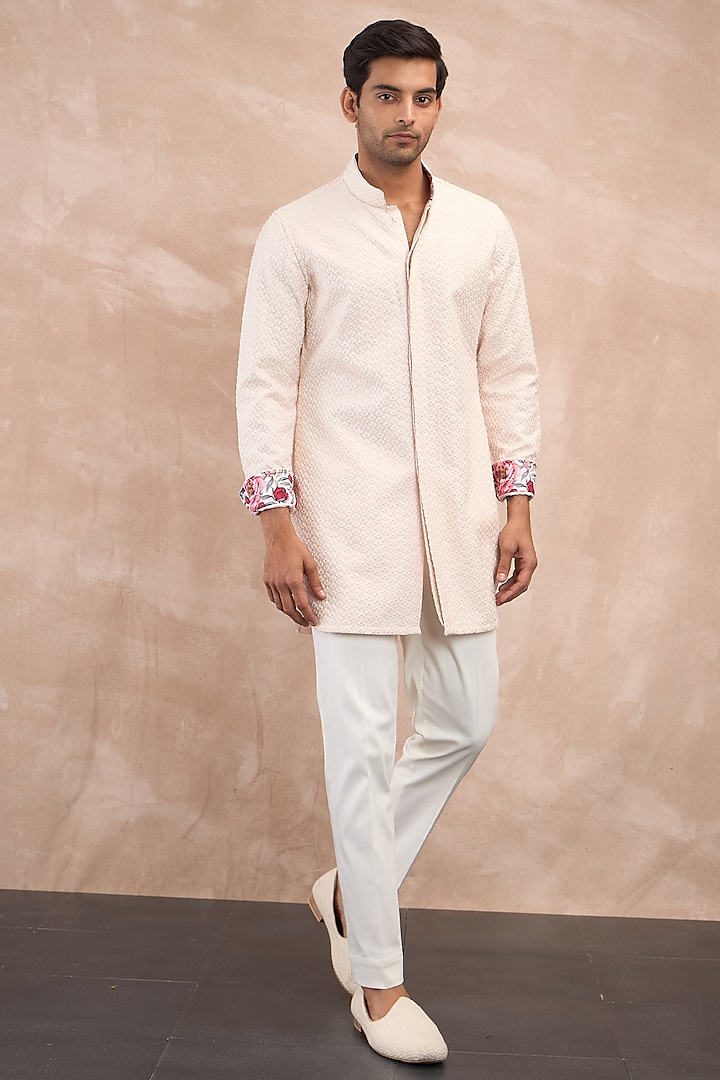 Powder Pink Chanderi Silk & Cotton Satin Embroidered Kurta Set by ARJAN DUGAL at Pernia's Pop Up Shop