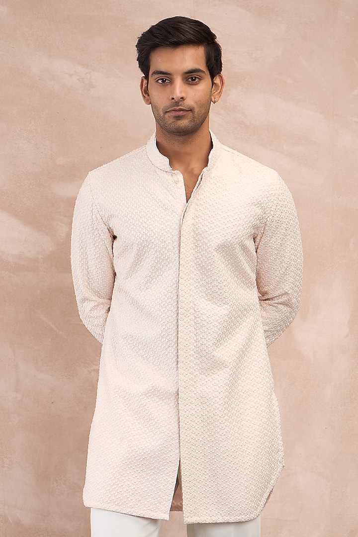 Powder Pink Chanderi Silk & Cotton Satin Embroidered Kurta Set by ARJAN DUGAL at Pernia's Pop Up Shop