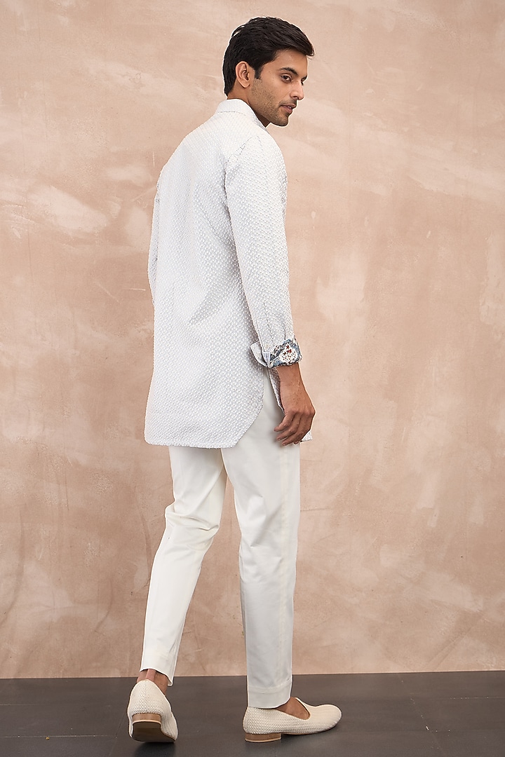 Powder Blue Chanderi Silk & Cotton Satin Embroidered & Printed Kurta Set by ARJAN DUGAL at Pernia's Pop Up Shop
