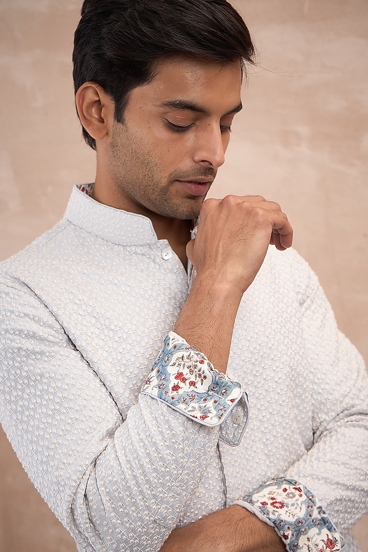 Powder Blue Chanderi Silk & Cotton Satin Embroidered & Printed Kurta Set by ARJAN DUGAL at Pernia's Pop Up Shop