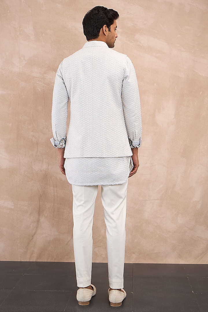 Powder Blue Chanderi Silk & Cotton Satin Embroidered & Printed Nehru Jacket Set by ARJAN DUGAL at Pernia's Pop Up Shop