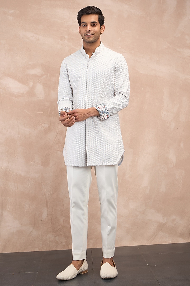 Powder Blue Chanderi Silk & Cotton Satin Embroidered & Printed Nehru Jacket Set by ARJAN DUGAL at Pernia's Pop Up Shop