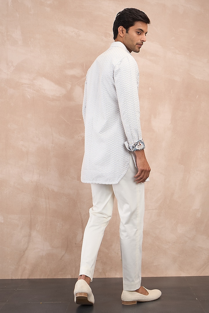 Powder Blue Chanderi Silk & Cotton Satin Embroidered & Printed Nehru Jacket Set by ARJAN DUGAL at Pernia's Pop Up Shop