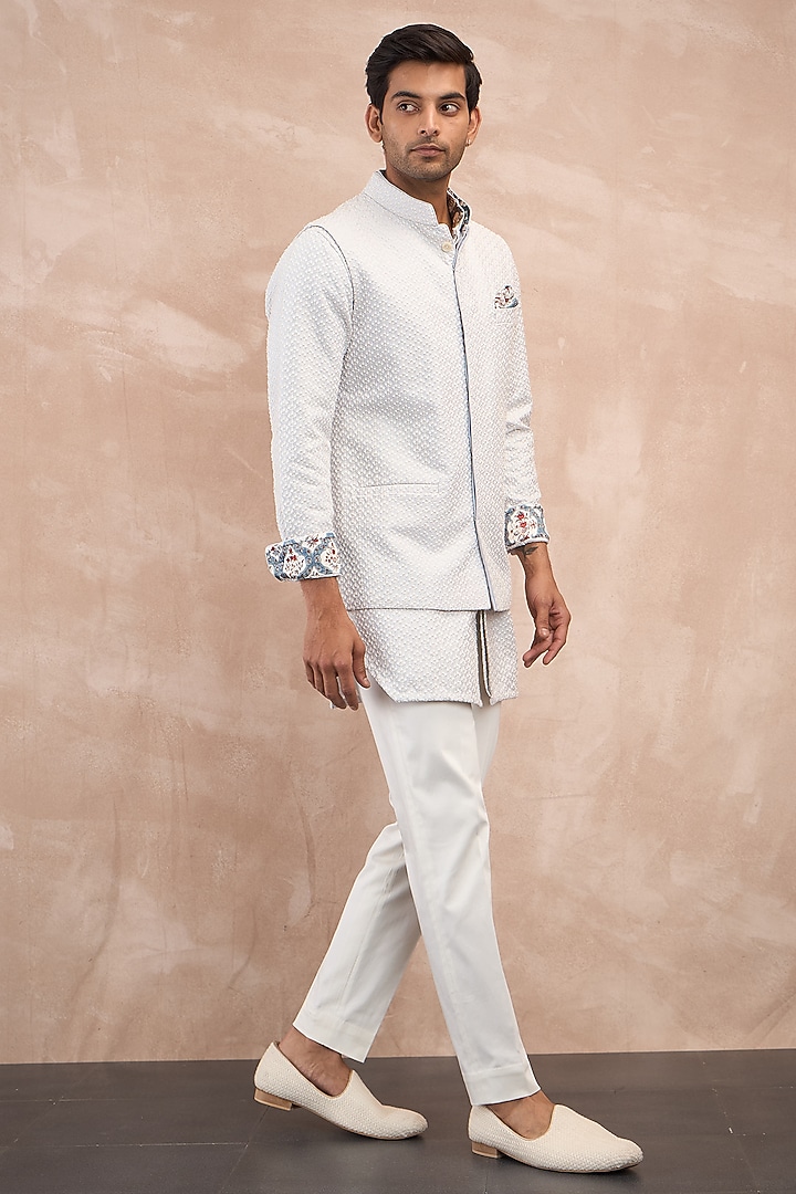 Powder Blue Chanderi Silk & Cotton Satin Embroidered & Printed Nehru Jacket Set by ARJAN DUGAL at Pernia's Pop Up Shop