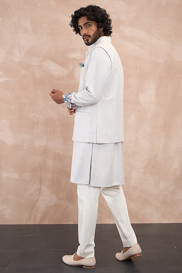 Powder Blue Chanderi Silk & Cotton Satin Embroidered & Printed Nehru Jacket Set by ARJAN DUGAL at Pernia's Pop Up Shop
