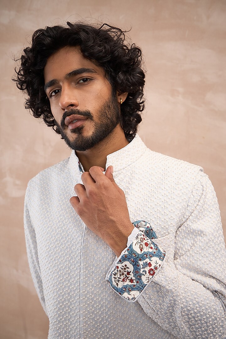Powder Blue Chanderi Silk & Cotton Satin Embroidered & Printed Nehru Jacket Set by ARJAN DUGAL at Pernia's Pop Up Shop