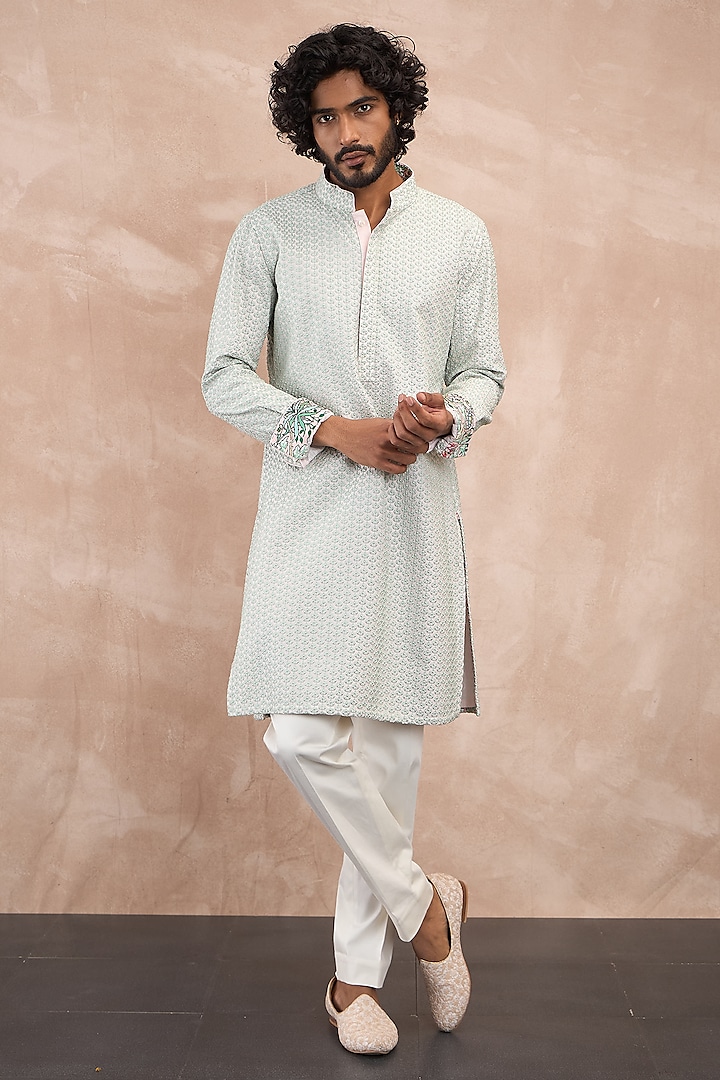 Sea Green Chanderi Silk Embroidered & Printed Kurta Set by ARJAN DUGAL at Pernia's Pop Up Shop