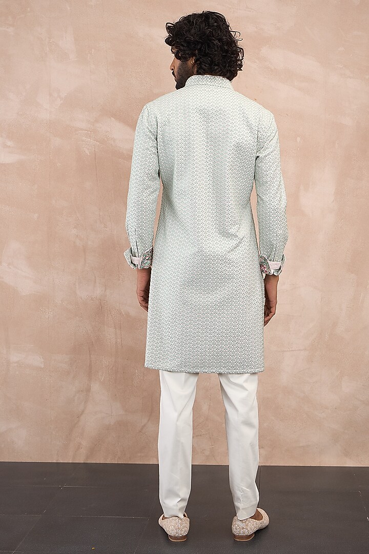 Sea Green Chanderi Silk Embroidered & Printed Kurta Set by ARJAN DUGAL at Pernia's Pop Up Shop