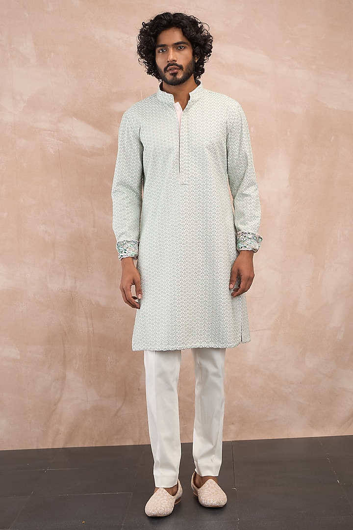 Sea Green Chanderi Silk Embroidered & Printed Kurta Set by ARJAN DUGAL at Pernia's Pop Up Shop