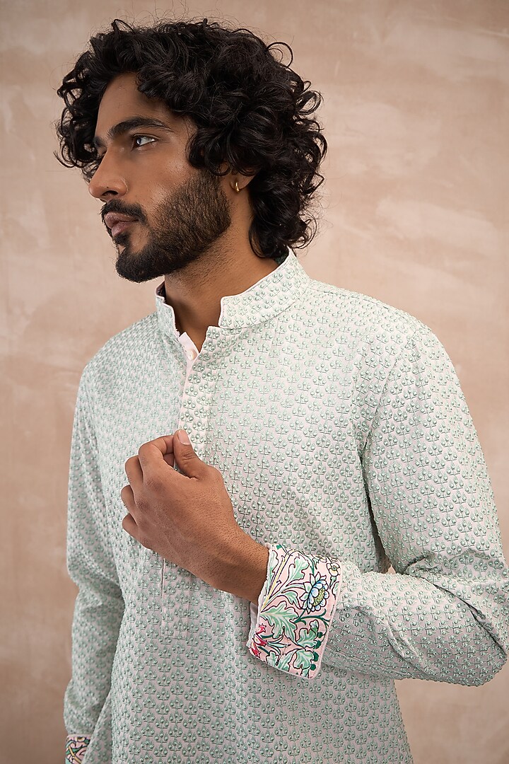 Sea Green Chanderi Silk Embroidered & Printed Kurta Set by ARJAN DUGAL at Pernia's Pop Up Shop