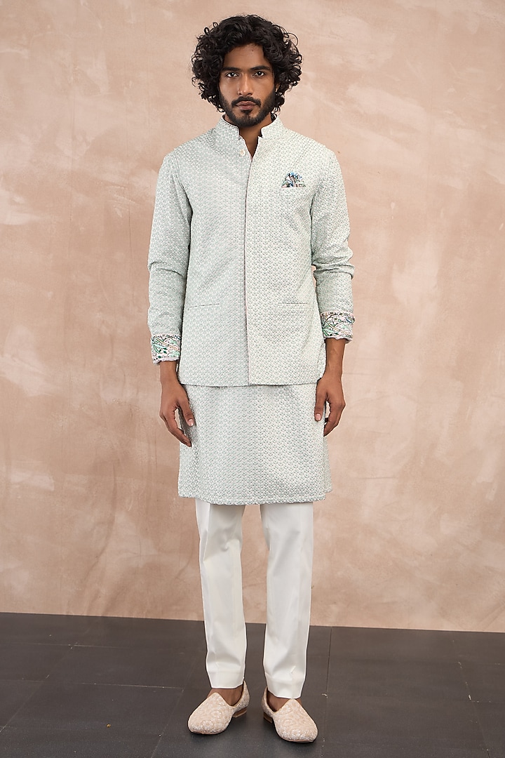 Sea Green Chanderi Silk & Cotton Satin Embroidered & Printed Nehru Jacket Set by ARJAN DUGAL