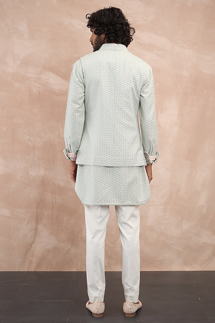 Sea Green Chanderi Silk & Cotton Satin Embroidered & Printed Nehru Jacket Set by ARJAN DUGAL at Pernia's Pop Up Shop