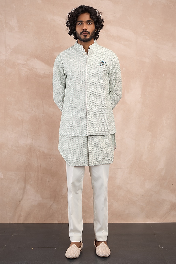 Sea Green Chanderi Silk & Cotton Satin Embroidered & Printed Nehru Jacket Set by ARJAN DUGAL at Pernia's Pop Up Shop