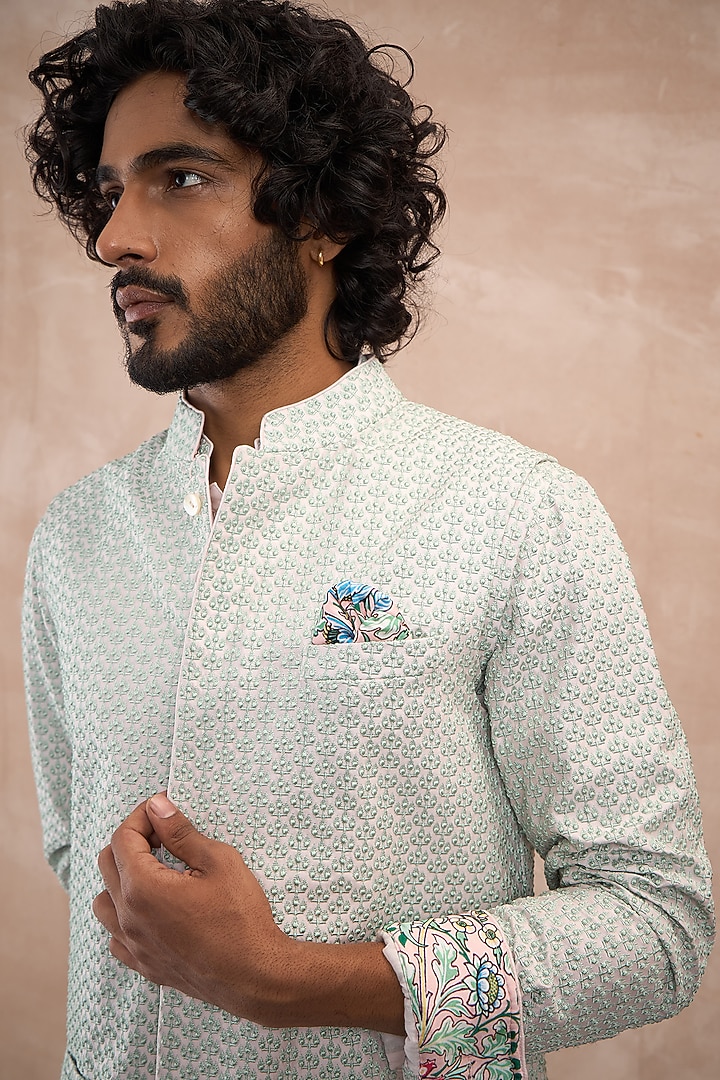 Sea Green Chanderi Silk & Cotton Satin Embroidered & Printed Nehru Jacket Set by ARJAN DUGAL at Pernia's Pop Up Shop
