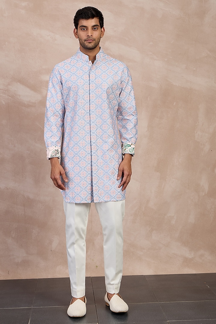 Powder Blue Chanderi Silk & Cotton Satin Machine Embroidered Kurta Set by ARJAN DUGAL