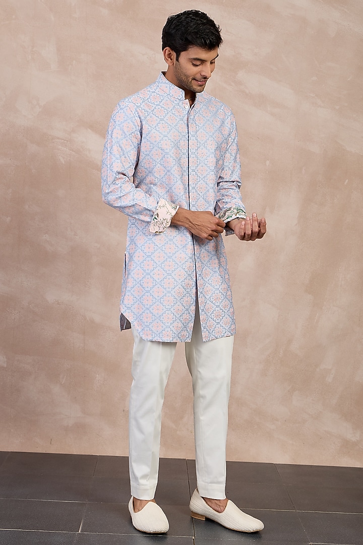 Powder Blue Chanderi Silk & Cotton Satin Machine Embroidered Kurta Set by ARJAN DUGAL at Pernia's Pop Up Shop