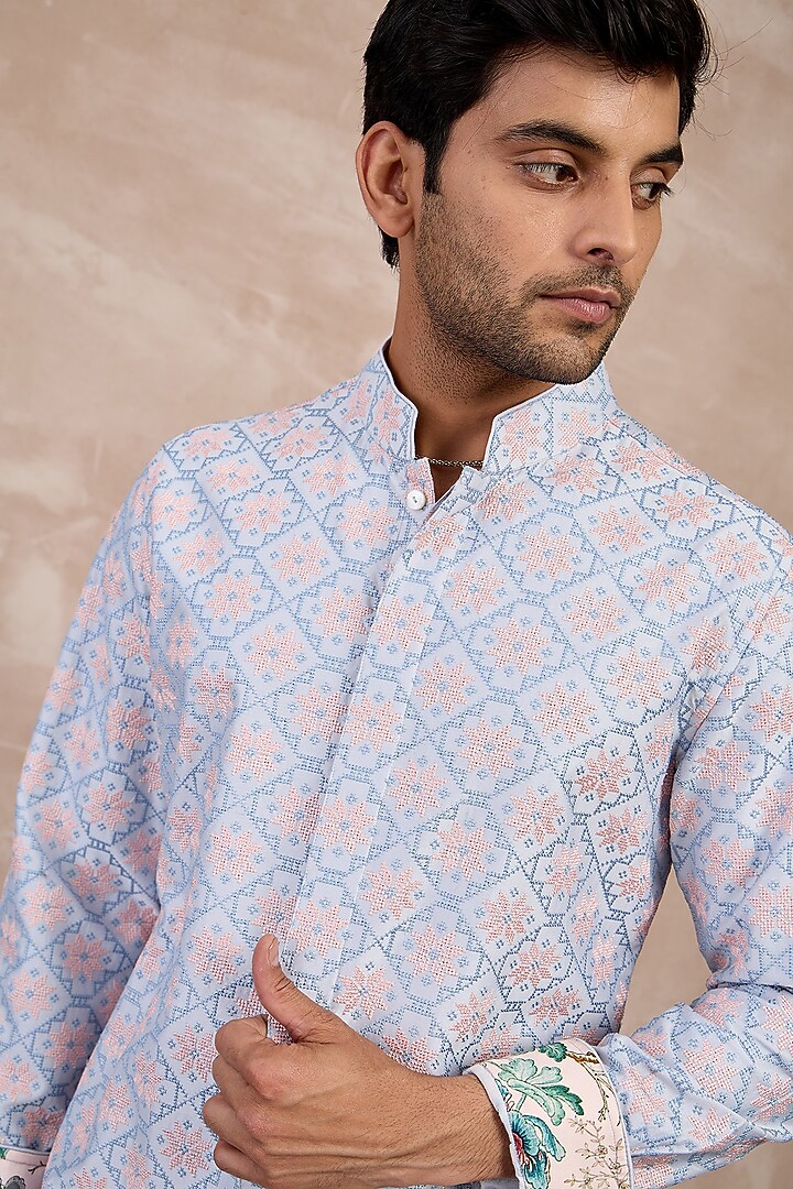 Powder Blue Chanderi Silk & Cotton Satin Machine Embroidered Kurta Set by ARJAN DUGAL at Pernia's Pop Up Shop