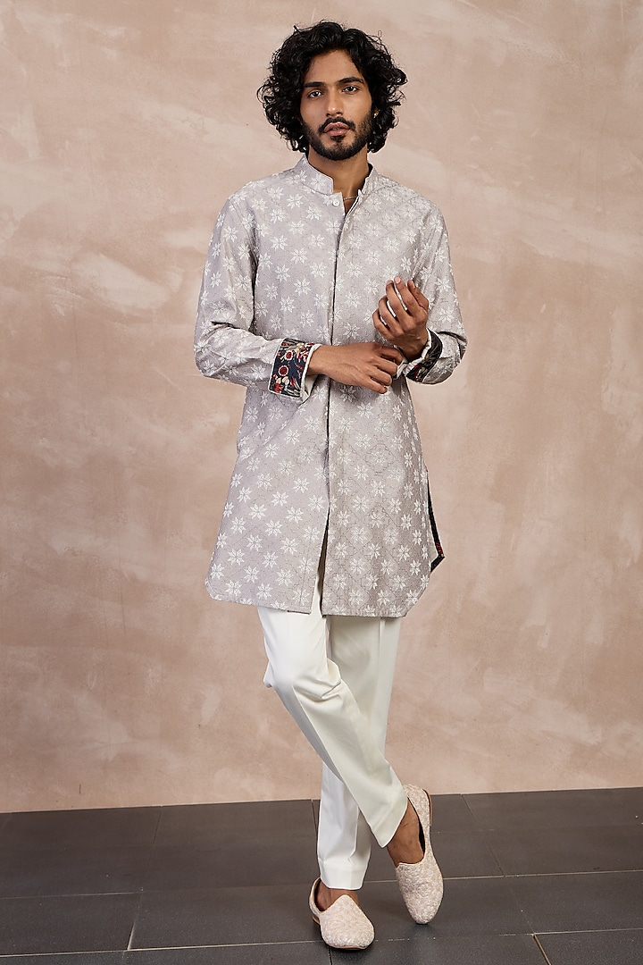 Storm Grey Chanderi Silk & Cotton Satin Machine Embroidered Kurta Set by ARJAN DUGAL