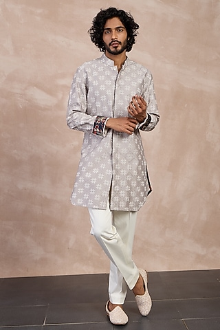 Storm Grey Chanderi Silk & Cotton Satin Machine Embroidered Kurta Set by ARJAN DUGAL