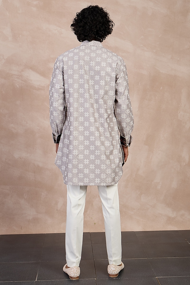 Storm Grey Chanderi Silk & Cotton Satin Machine Embroidered Kurta Set by ARJAN DUGAL at Pernia's Pop Up Shop