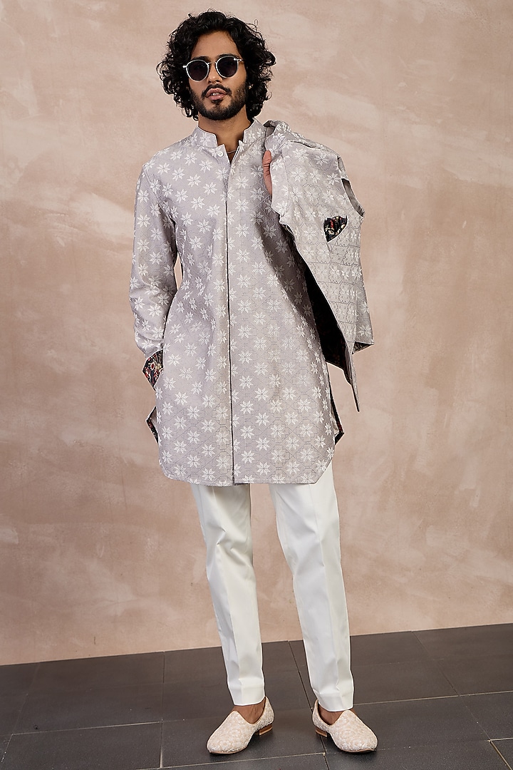 Storm Grey Chanderi Silk Printed Nehru Jacket Set by ARJAN DUGAL