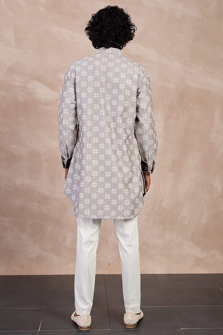 Storm Grey Chanderi Silk Printed Nehru Jacket Set by ARJAN DUGAL at Pernia's Pop Up Shop
