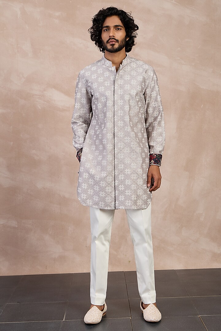 Storm Grey Chanderi Silk Printed Nehru Jacket Set by ARJAN DUGAL at Pernia's Pop Up Shop