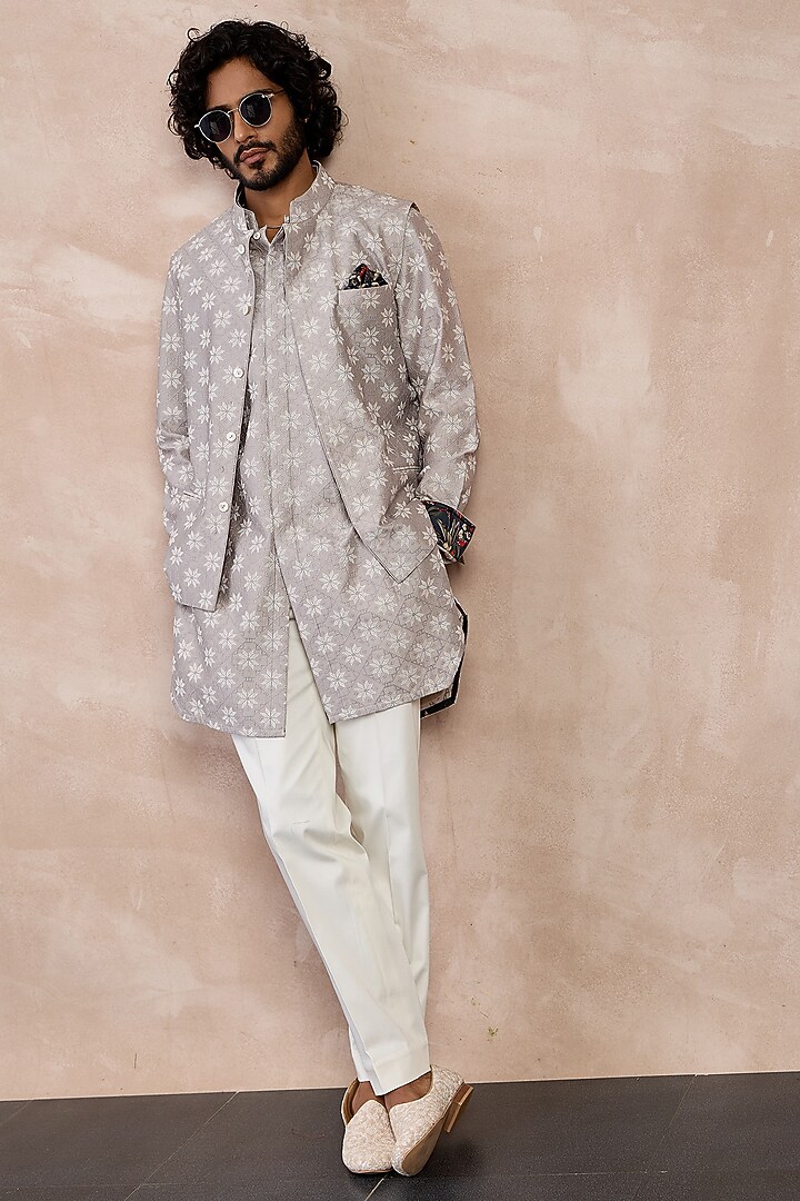 Storm Grey Chanderi Silk Printed Nehru Jacket Set by ARJAN DUGAL at Pernia's Pop Up Shop