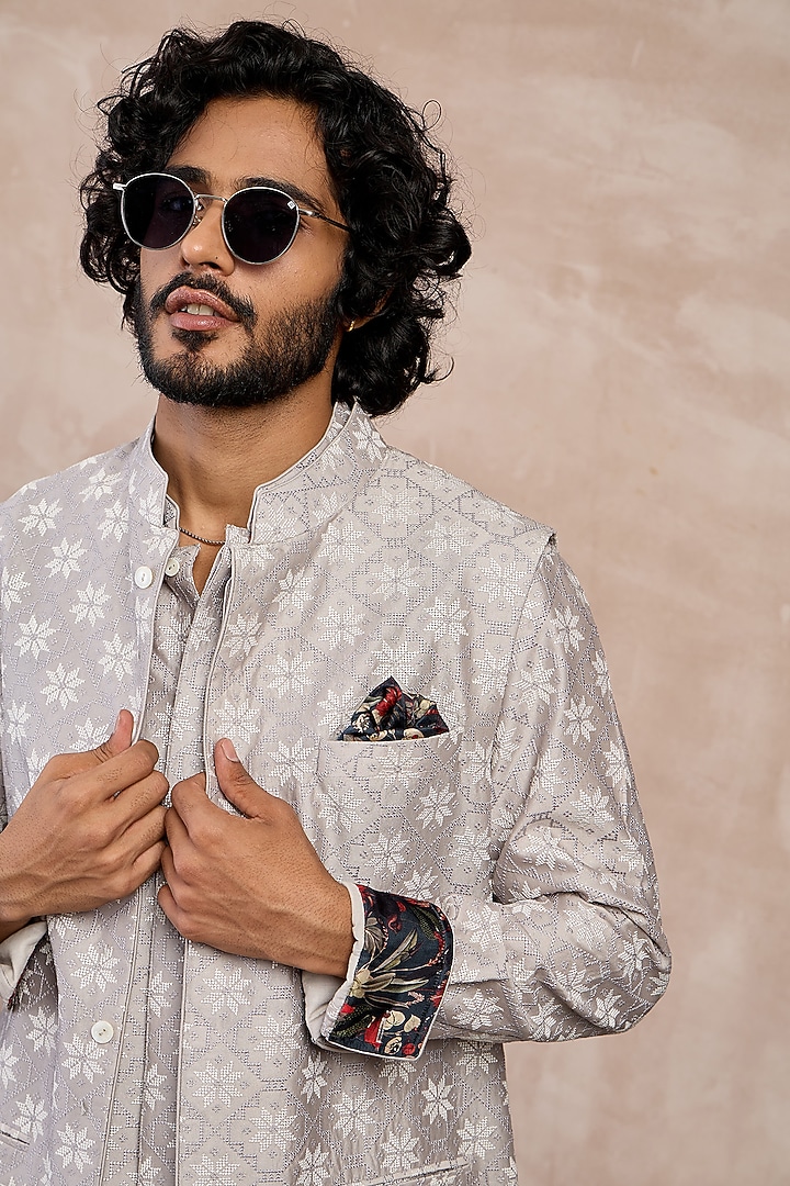 Storm Grey Chanderi Silk Printed Nehru Jacket Set by ARJAN DUGAL at Pernia's Pop Up Shop