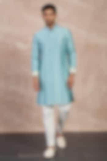 Dull Turquoise Chanderi Printed Kurta Set by ARJAN DUGAL