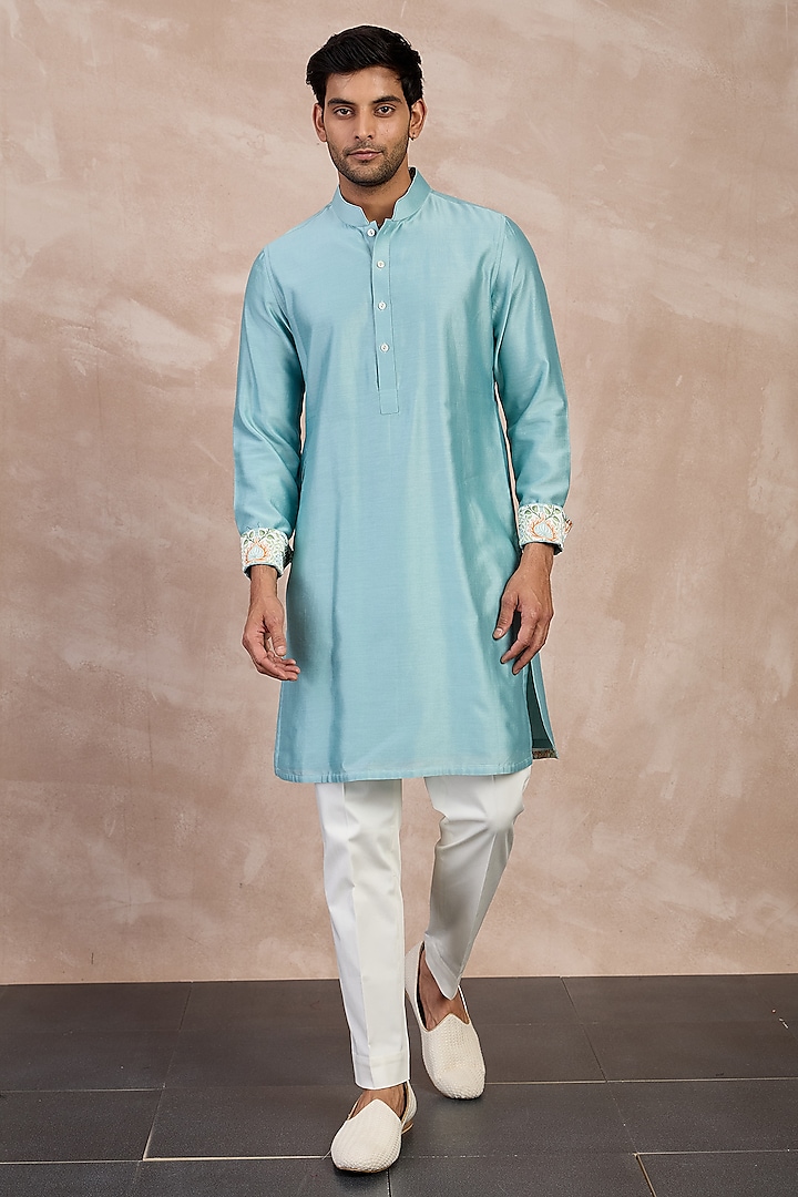 Dull Turquoise Chanderi Printed Kurta Set by ARJAN DUGAL