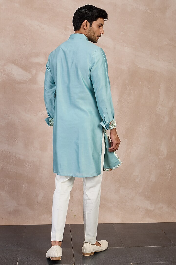 Dull Turquoise Chanderi Printed Kurta Set by ARJAN DUGAL at Pernia's Pop Up Shop