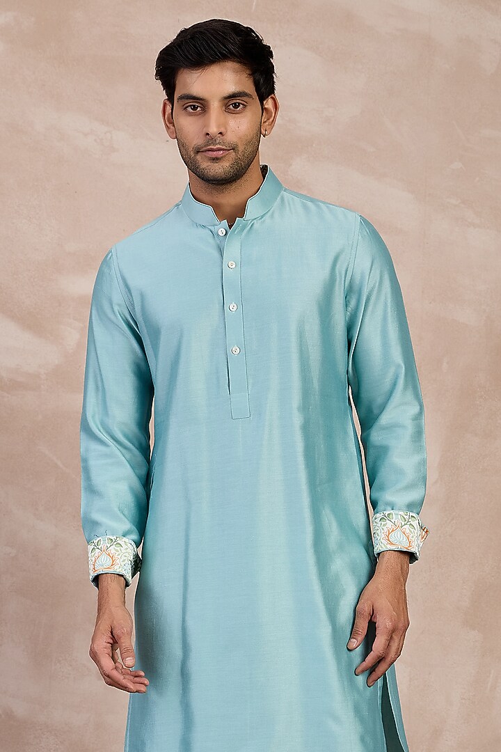 Dull Turquoise Chanderi Printed Kurta Set by ARJAN DUGAL at Pernia's Pop Up Shop