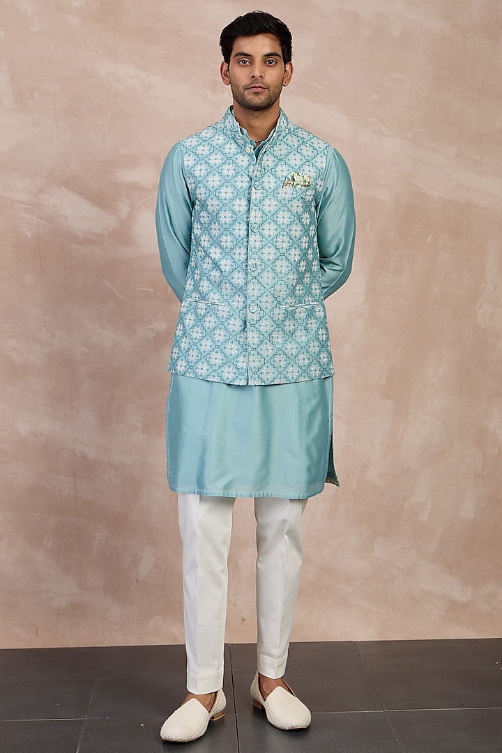 Dull Turquoise Chanderi Silk Printed Nehru Jacket by ARJAN DUGAL