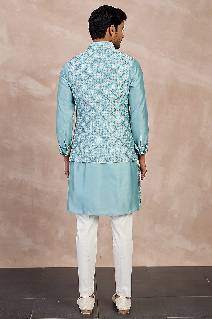 Dull Turquoise Chanderi Silk Printed Nehru Jacket by ARJAN DUGAL at Pernia's Pop Up Shop