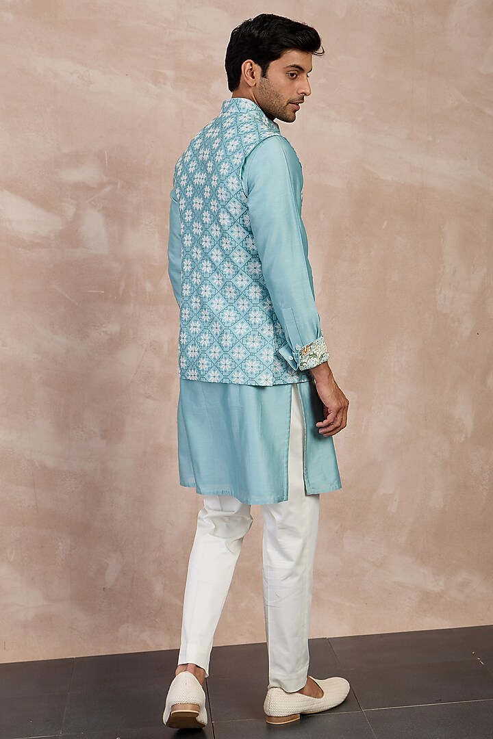 Dull Turquoise Chanderi Silk Printed Nehru Jacket by ARJAN DUGAL at Pernia's Pop Up Shop