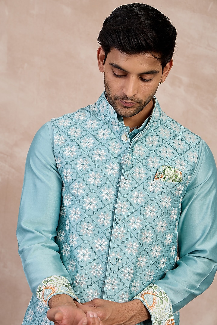Dull Turquoise Chanderi Silk Printed Nehru Jacket by ARJAN DUGAL at Pernia's Pop Up Shop