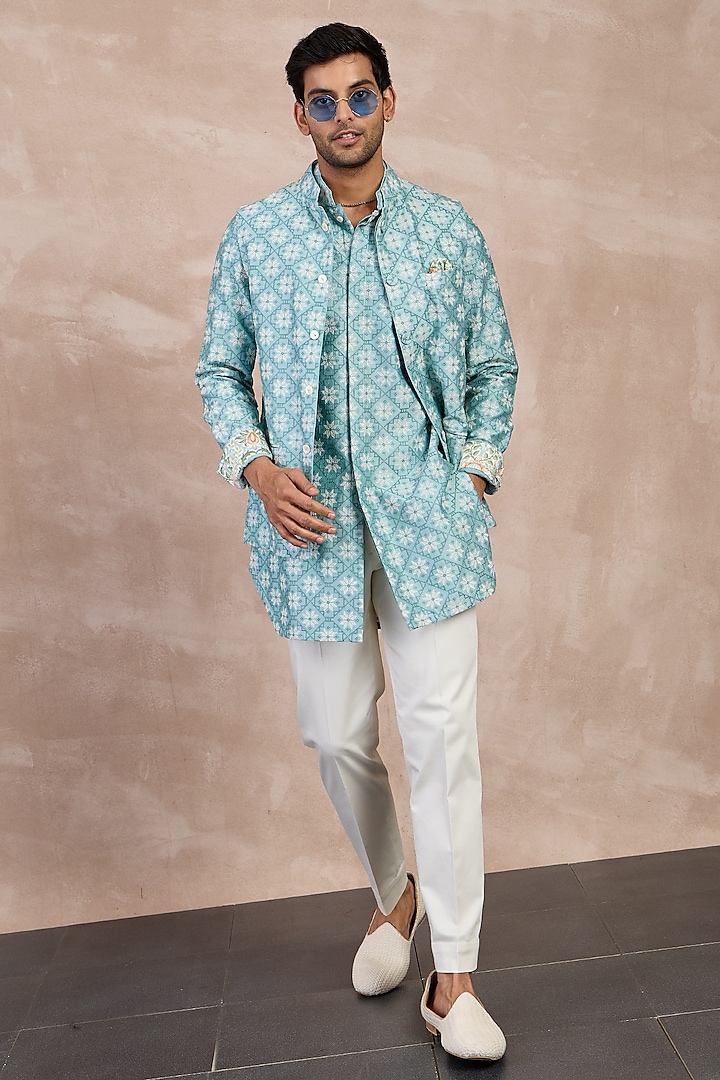 Dull Turquoise Chanderi Silk Printed Nehru Jacket Set by ARJAN DUGAL