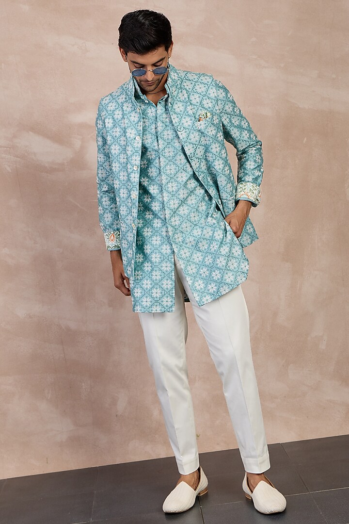 Dull Turquoise Chanderi Silk Printed Nehru Jacket Set by ARJAN DUGAL at Pernia's Pop Up Shop