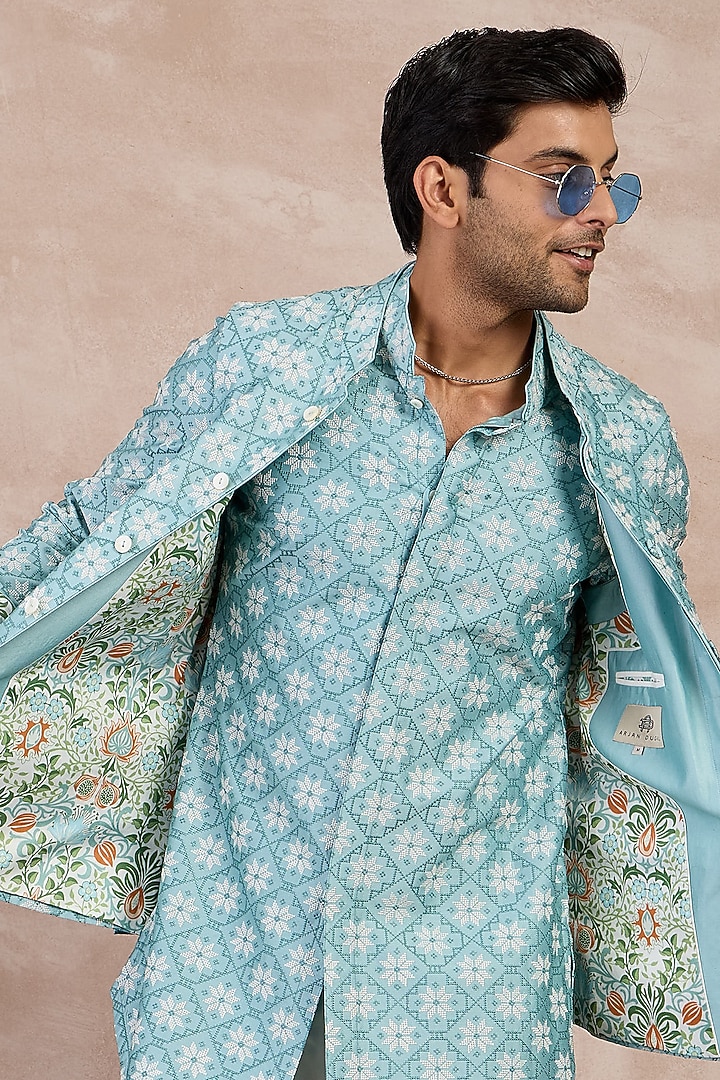 Dull Turquoise Chanderi Silk Printed Nehru Jacket Set by ARJAN DUGAL at Pernia's Pop Up Shop