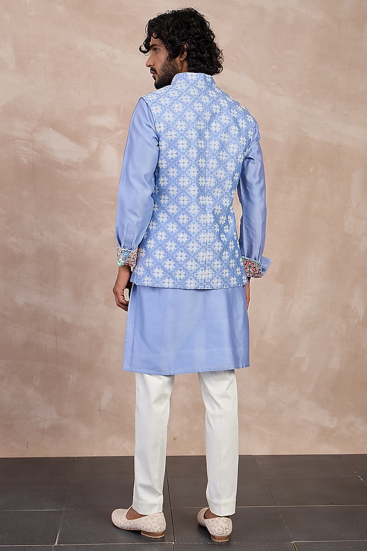 Persian Violet Chanderi Silk Jaal Printed Nehru Jacket by ARJAN DUGAL at Pernia's Pop Up Shop