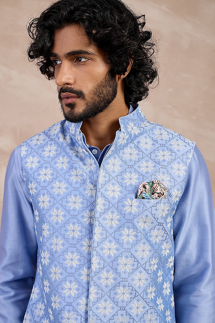 Persian Violet Chanderi Silk Jaal Printed Nehru Jacket by ARJAN DUGAL at Pernia's Pop Up Shop