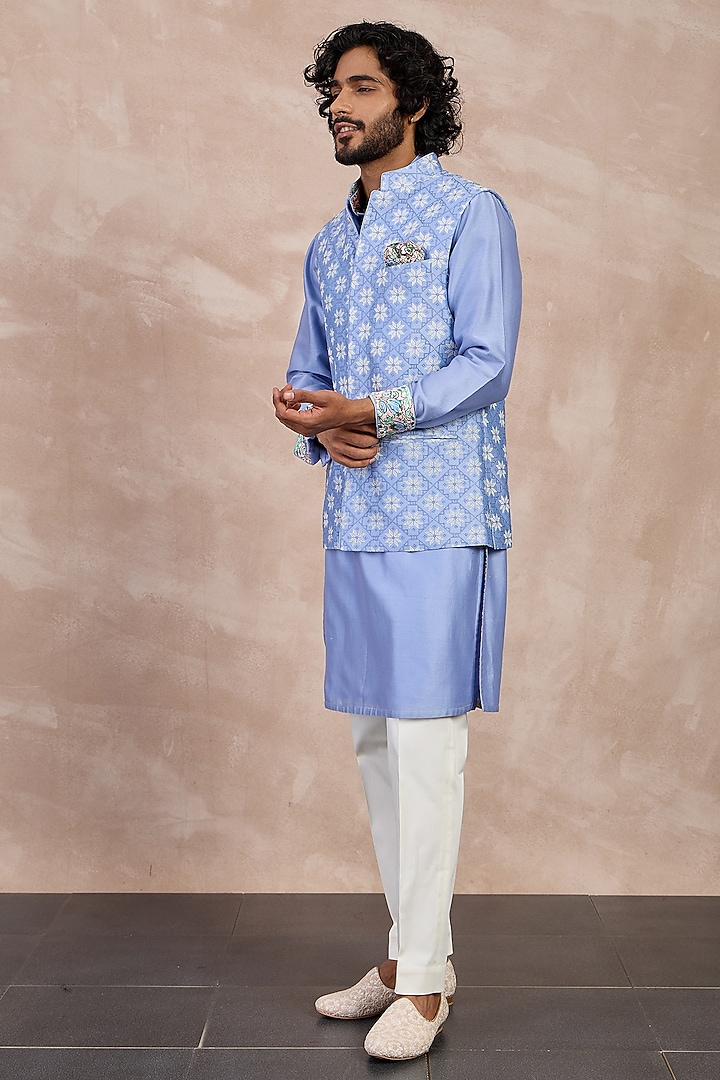 Persian Violet Chanderi Silk Jaal Printed Nehru Jacket by ARJAN DUGAL at Pernia's Pop Up Shop