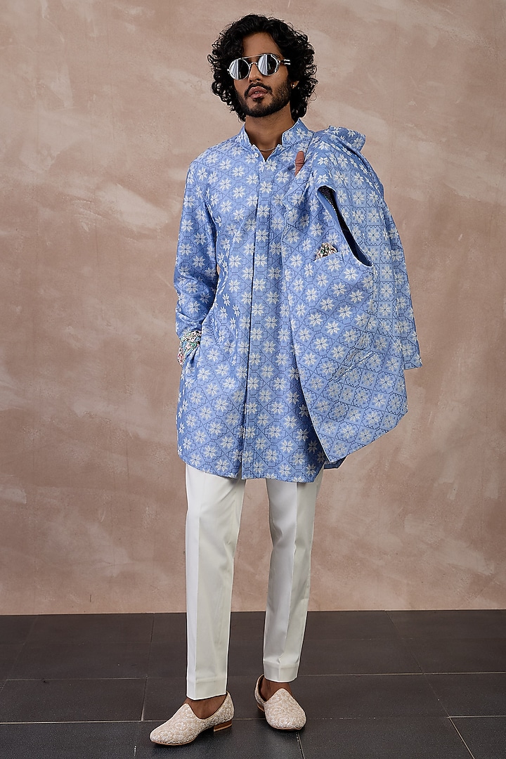 Persian Violet Chanderi Silk Jaal Printed Nehru Jacket Set by ARJAN DUGAL at Pernia's Pop Up Shop