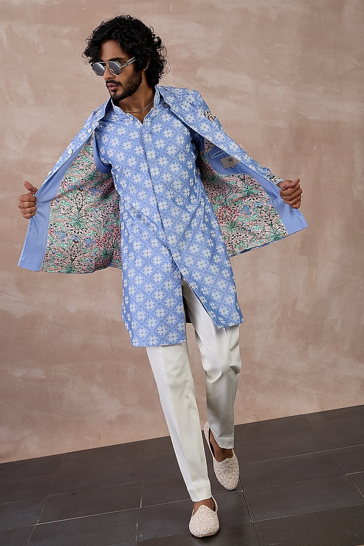 Persian Violet Chanderi Silk Jaal Printed Nehru Jacket Set by ARJAN DUGAL at Pernia's Pop Up Shop