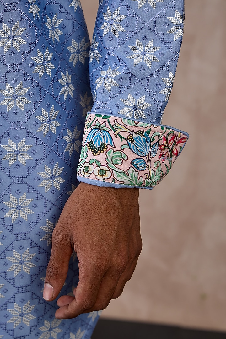 Persian Violet Chanderi Silk Jaal Printed Nehru Jacket Set by ARJAN DUGAL at Pernia's Pop Up Shop
