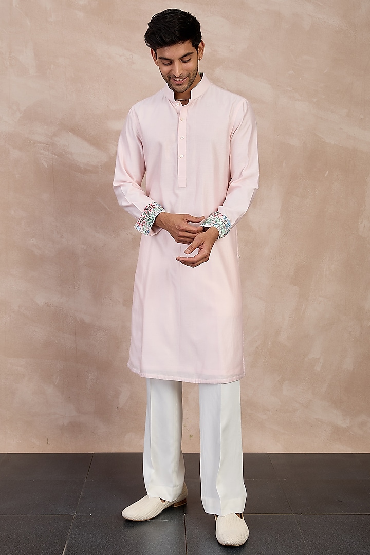 Powder Pink Chanderi Silk Kurta Set by ARJAN DUGAL at Pernia's Pop Up Shop