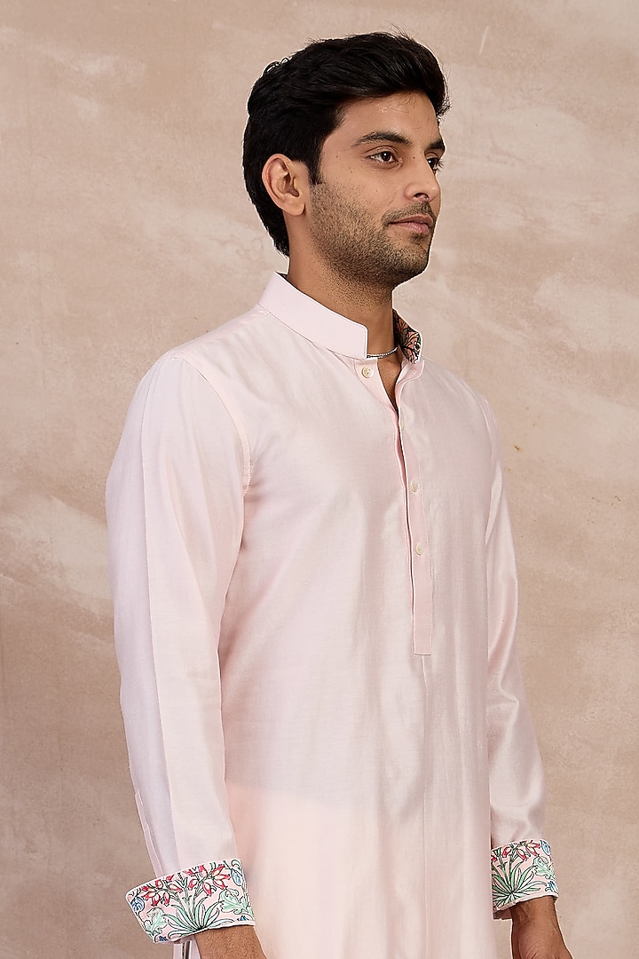Powder Pink Chanderi Silk Kurta Set by ARJAN DUGAL at Pernia's Pop Up Shop